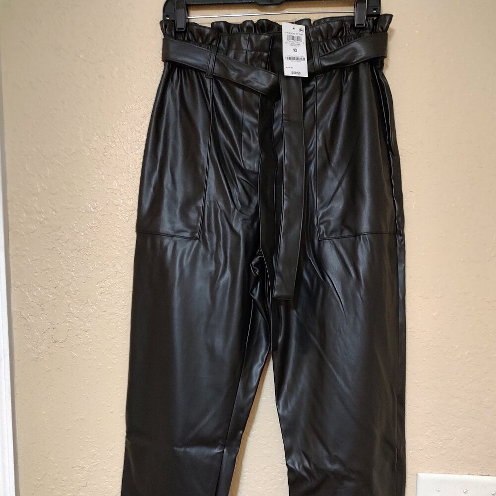 Bar III Womens Straight Leg Pants Deep Black High Rise Belted 10 New
